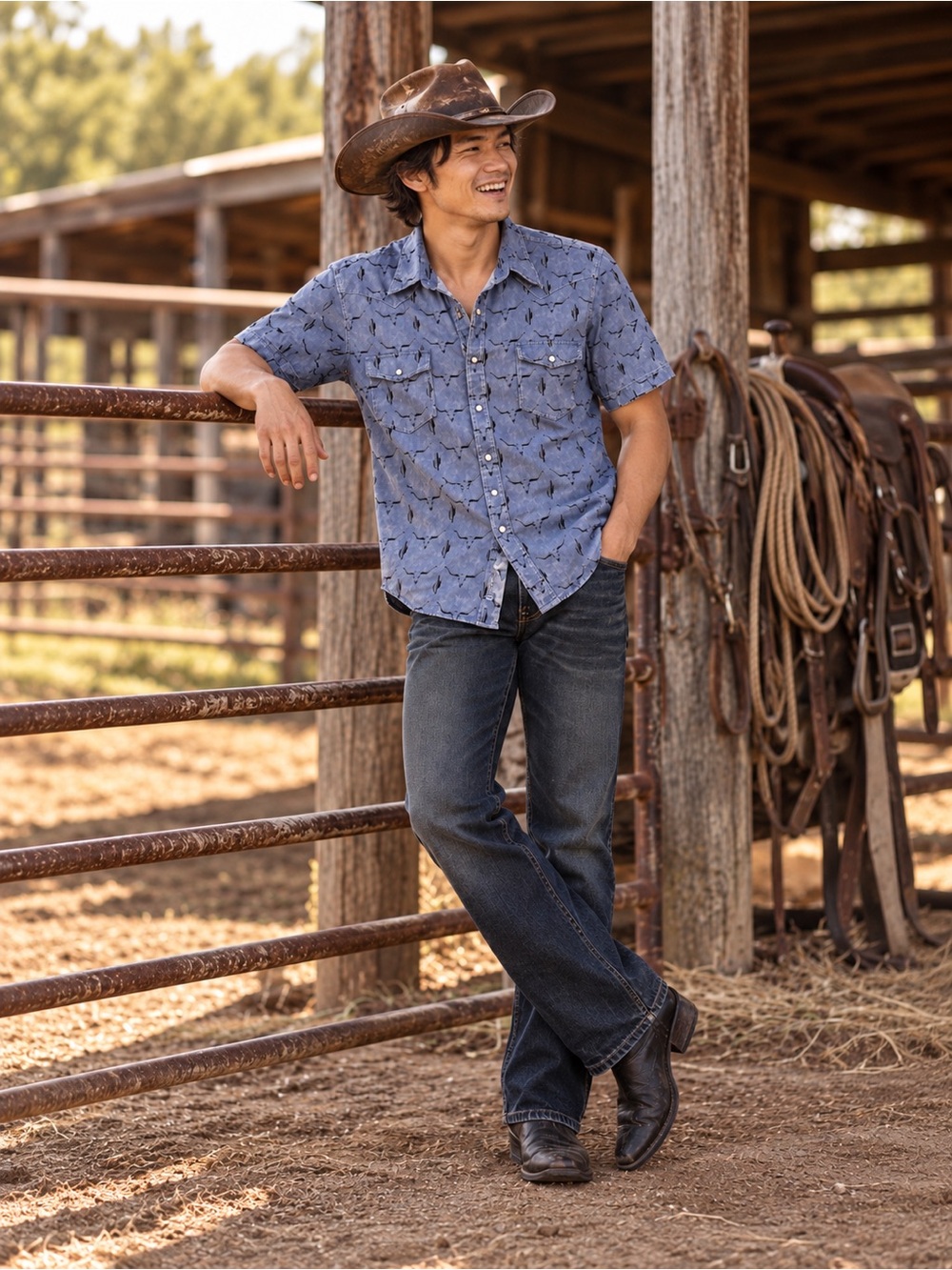 Rock & Roll Cowboy Shirt Men’s Medium Cotton Western Snap Blue Longhorn Rodeo
